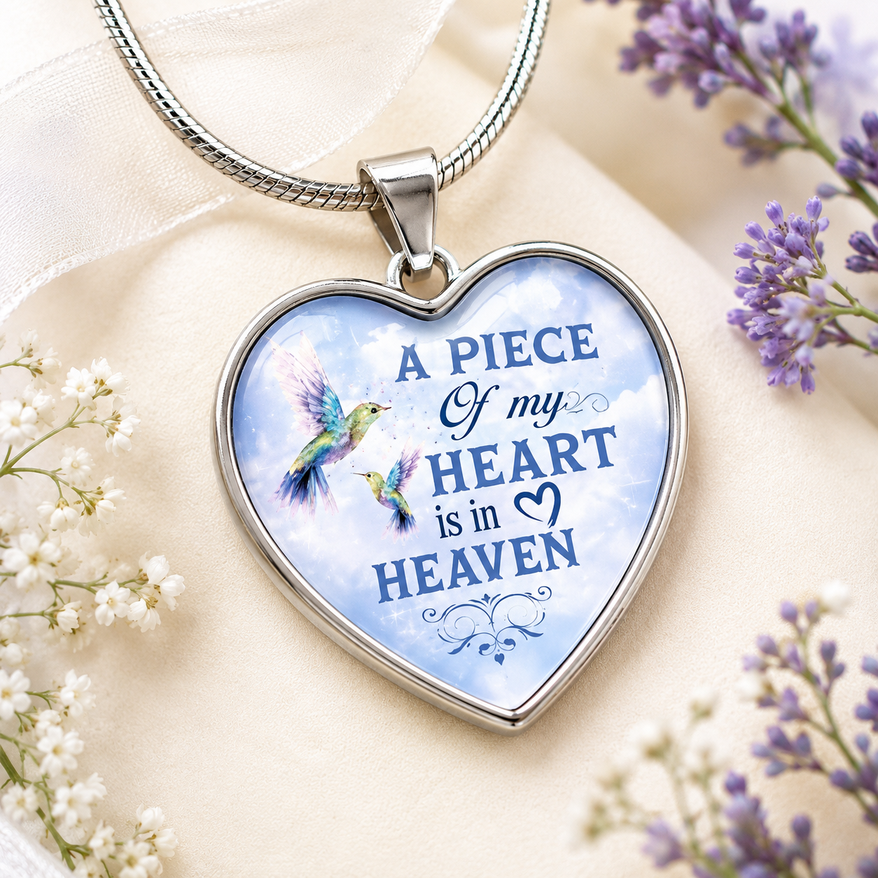 A Piece of My Heart Is in Heaven Necklace – Memorial Hummingbird Heart Pendant