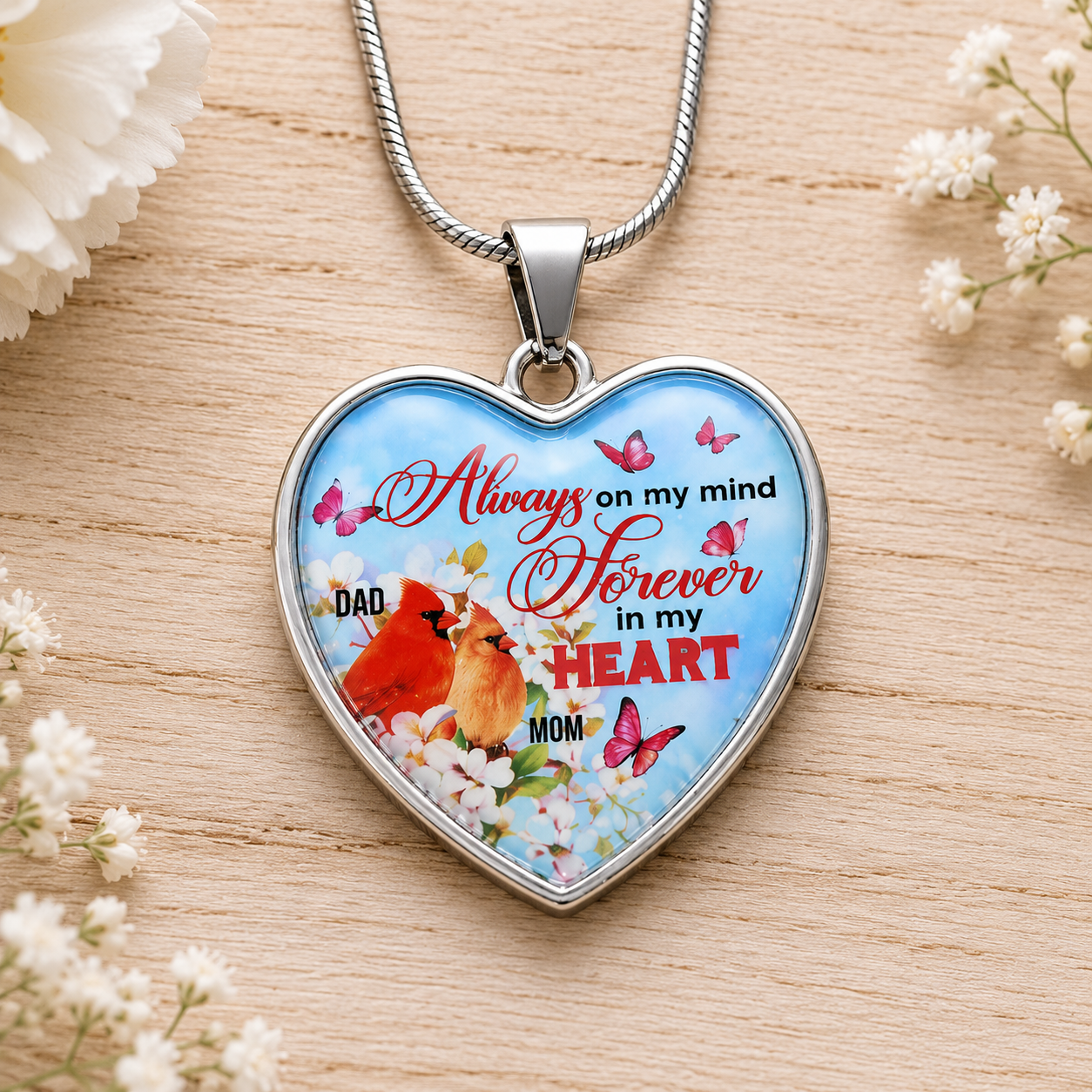 Always on My Mind Forever in My Heart Memorial Cardinal Necklace – Sympathy Gift for Loss of Mom and Dad