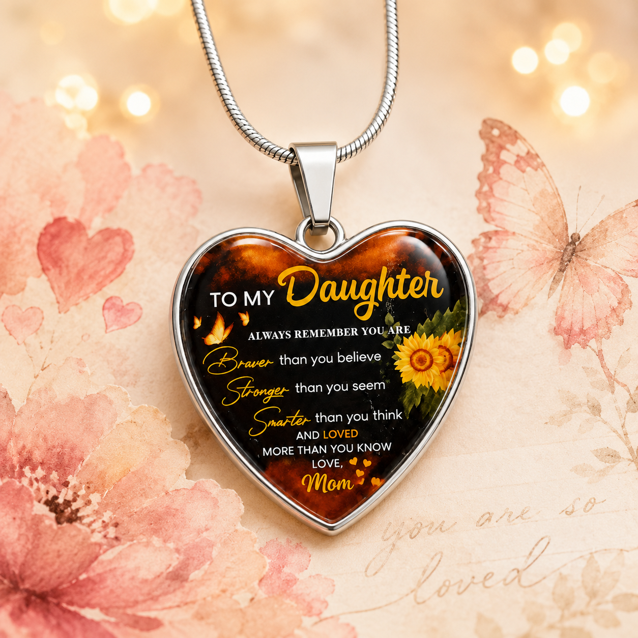 To My Daughter Sunflower Heart Necklace – Braver, Stronger, Smarter & Loved More Than You Know