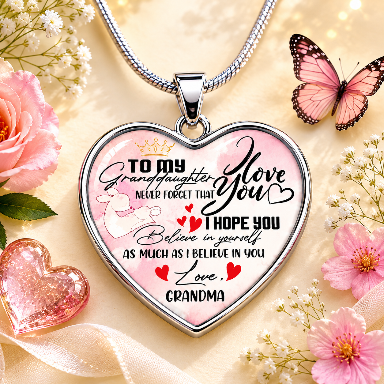 To My Granddaughter Necklace from Grandma – Never Forget That I Love You Heart Pendant Gift