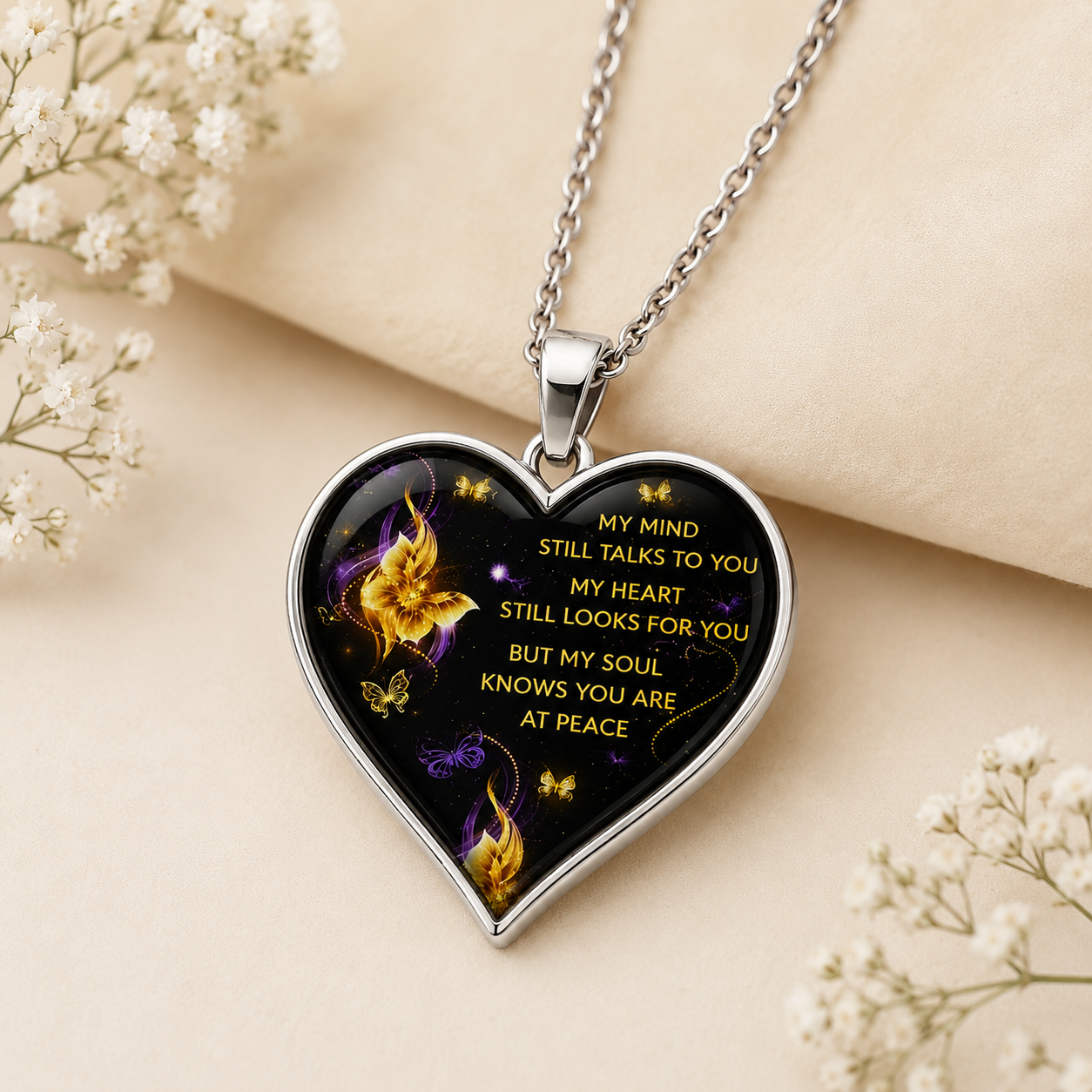My Mind Still Talks to You Memorial Necklace – Heart in Heaven Butterfly Pendan