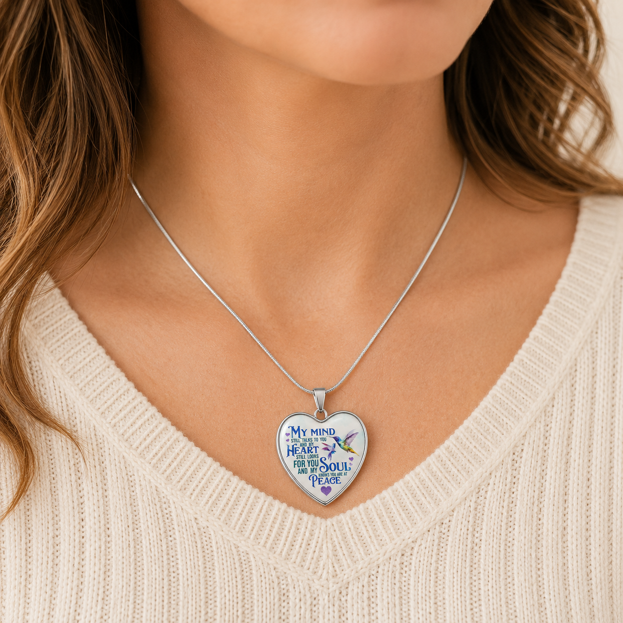 Hummingbird Memorial Heart Necklace – My Mind Still Talks to You Sympathy Gift