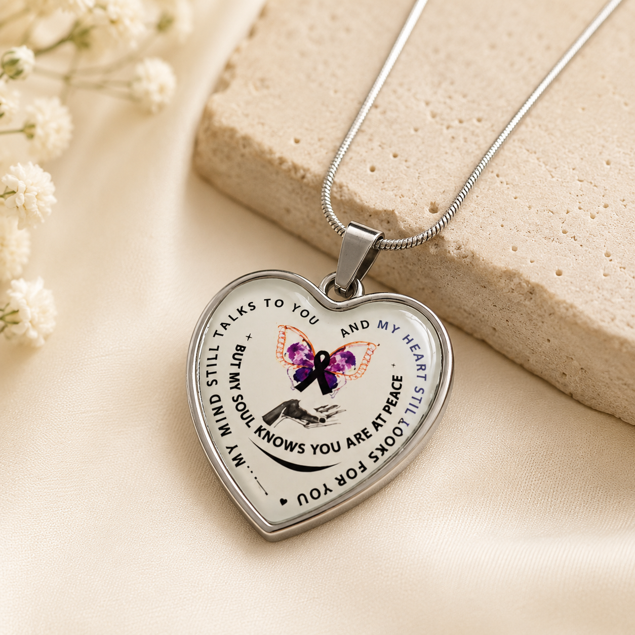My Mind Still Talks to You Memorial Necklace – Butterfly Remembrance Heart Pendant