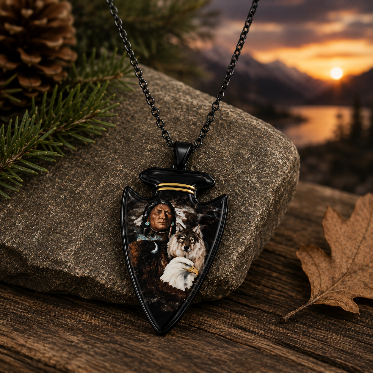 Black Arrowhead Wolf Eagle Necklace
