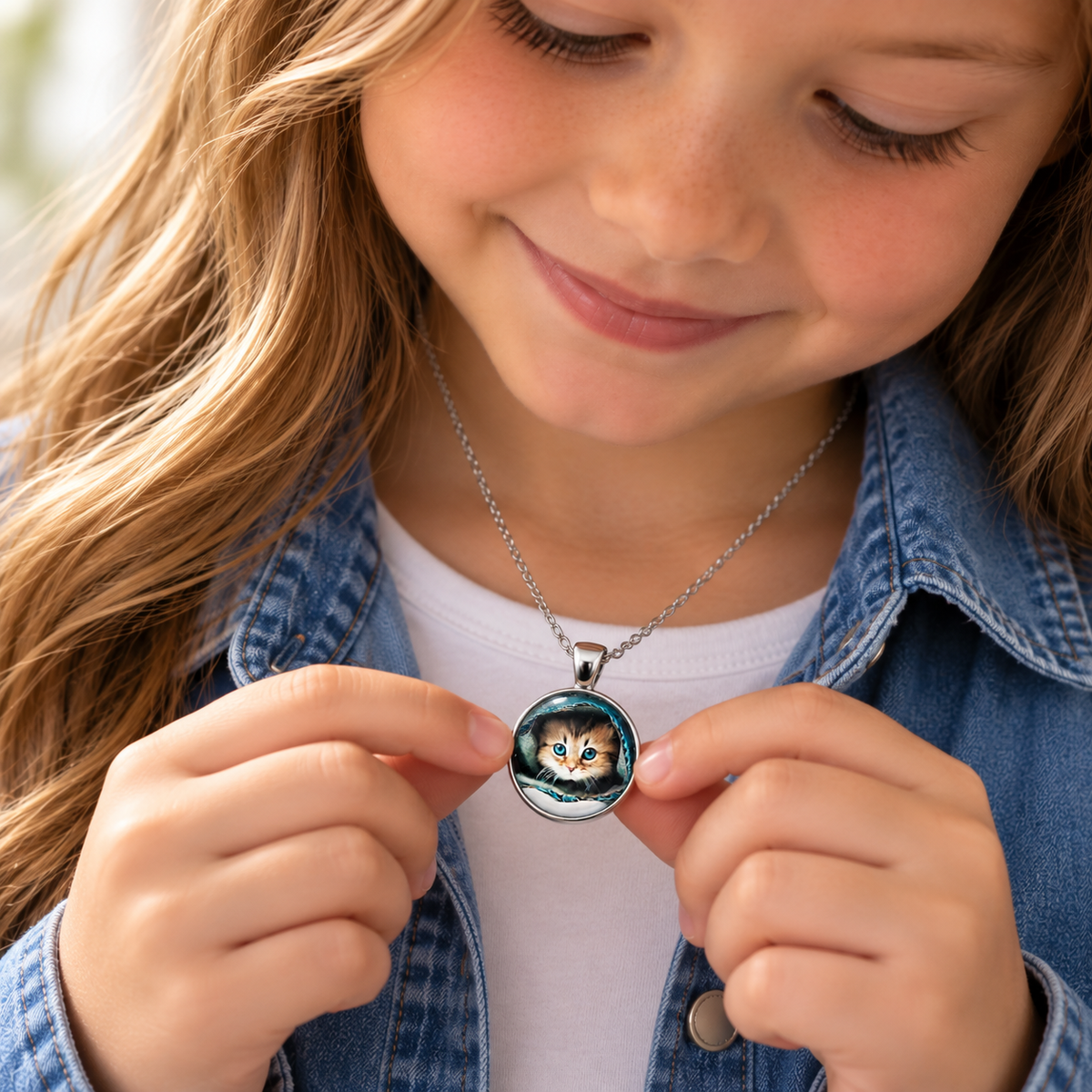 A young girl with long blonde hair smiles down at a round pendant necklace she is holding. The necklace features a silver chain and a circular pendant with a detailed illustration of a fluffy orange tabby kitten with blue eyes.