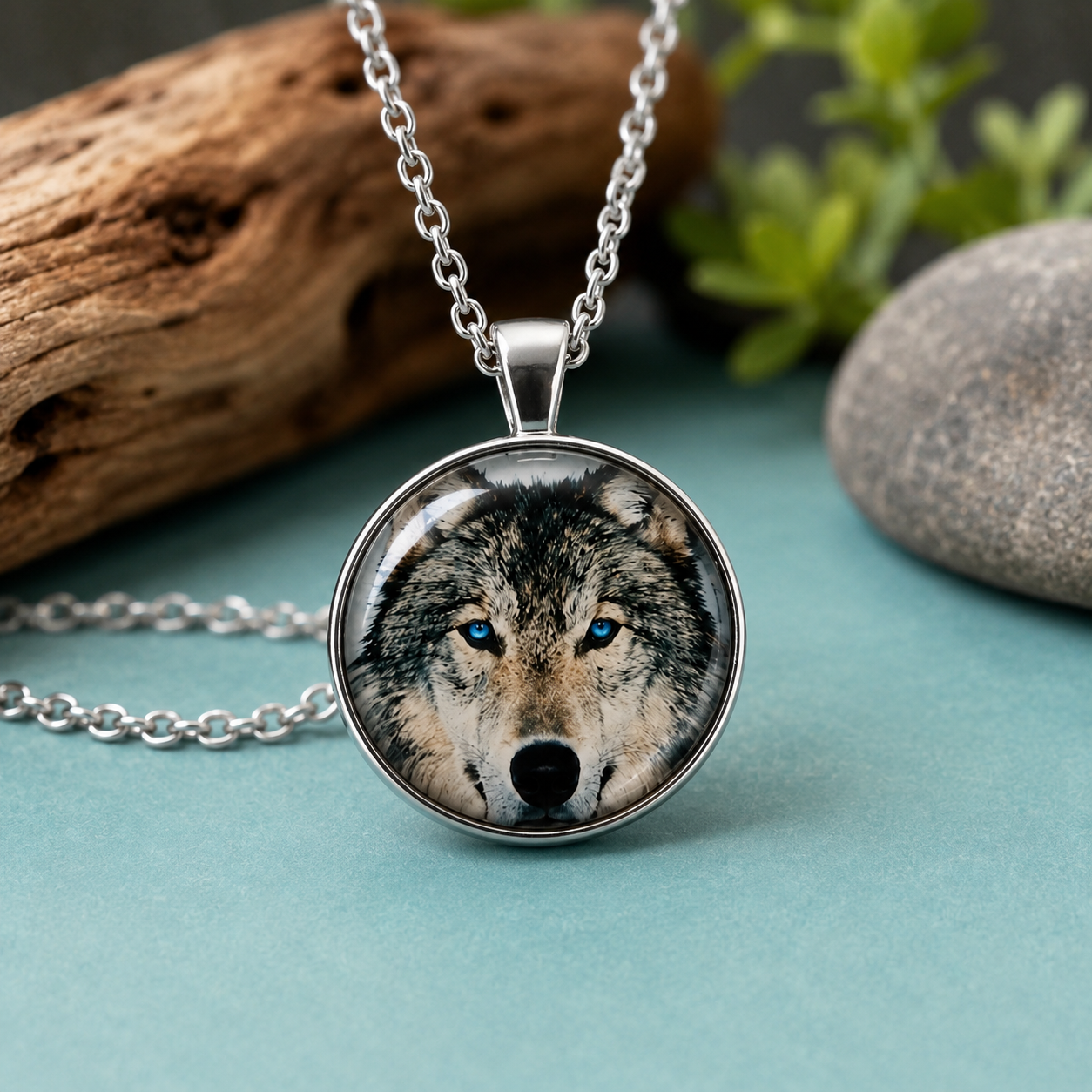 Blue Eyed Wolf Pendant Necklace