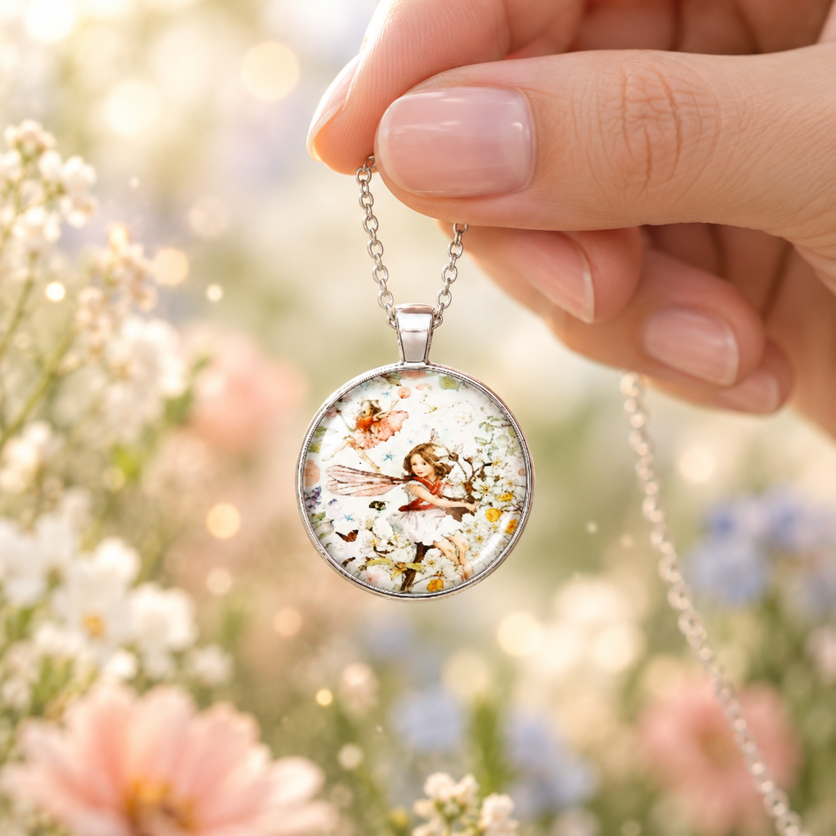 Silver-tone round fairy necklace featuring a little fairy surrounded by flowers and butterflies