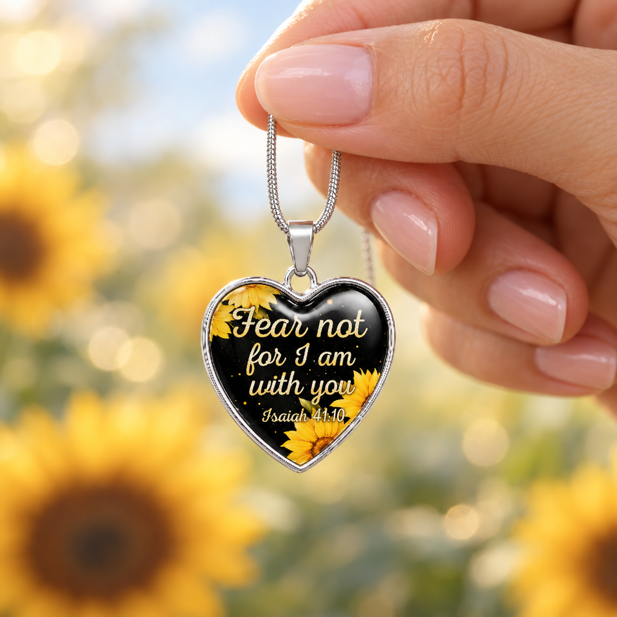 Heart-shaped sunflower necklace featuring “Fear not, for I am with you” from Isaiah 41:10. A meaningful faith and encouragement gift.