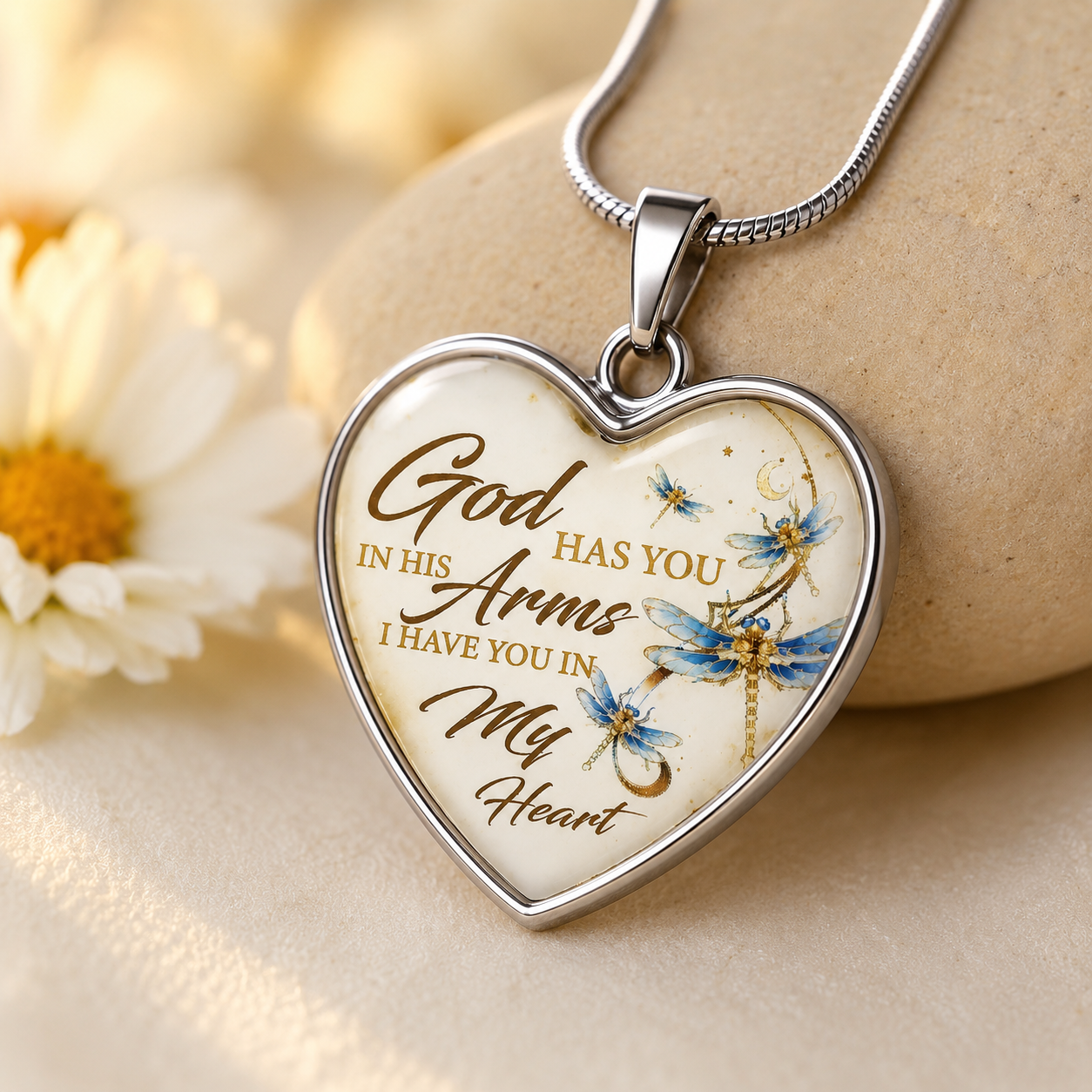 God Has You in His Arms Dragonfly Memorial Heart Necklace