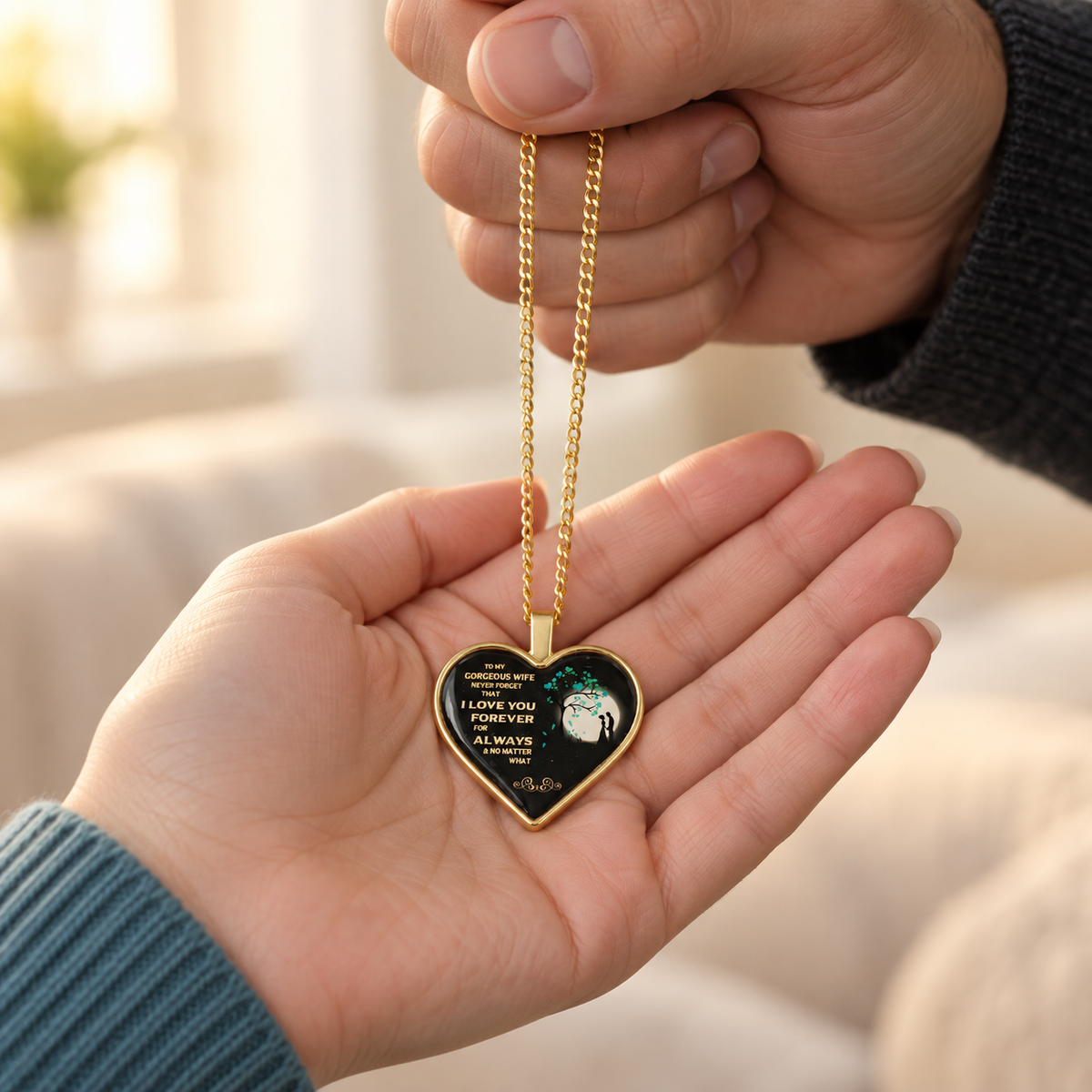 Husband giving his wife a meaningful I love you forever necklace