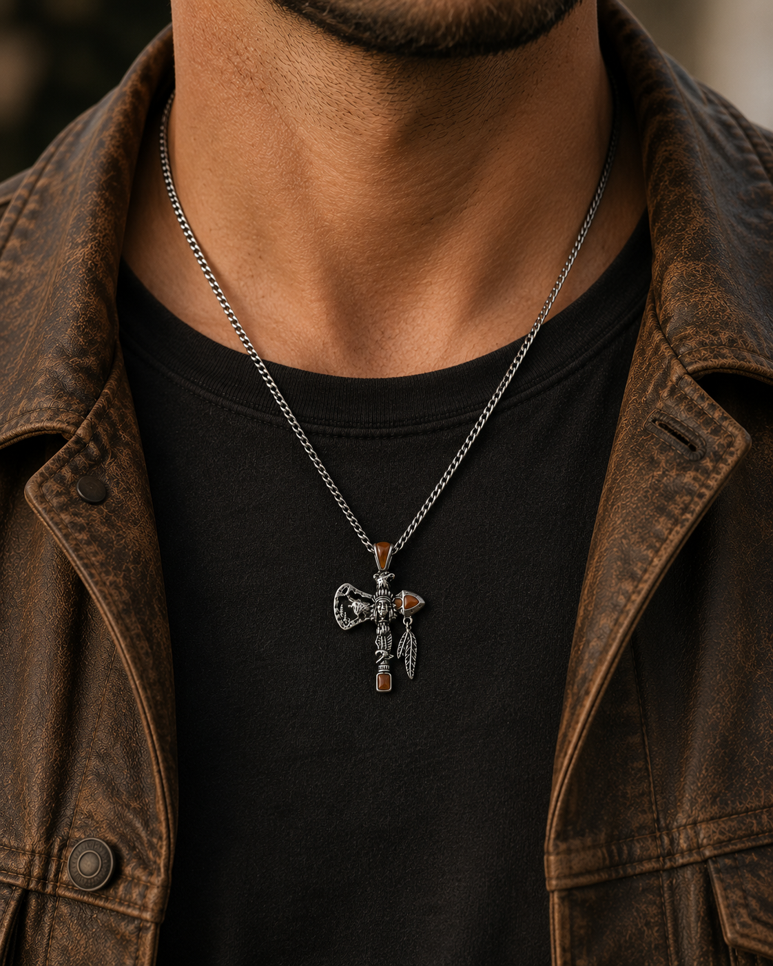 Western Spirit Axe Necklace - Silver Feather Pendant