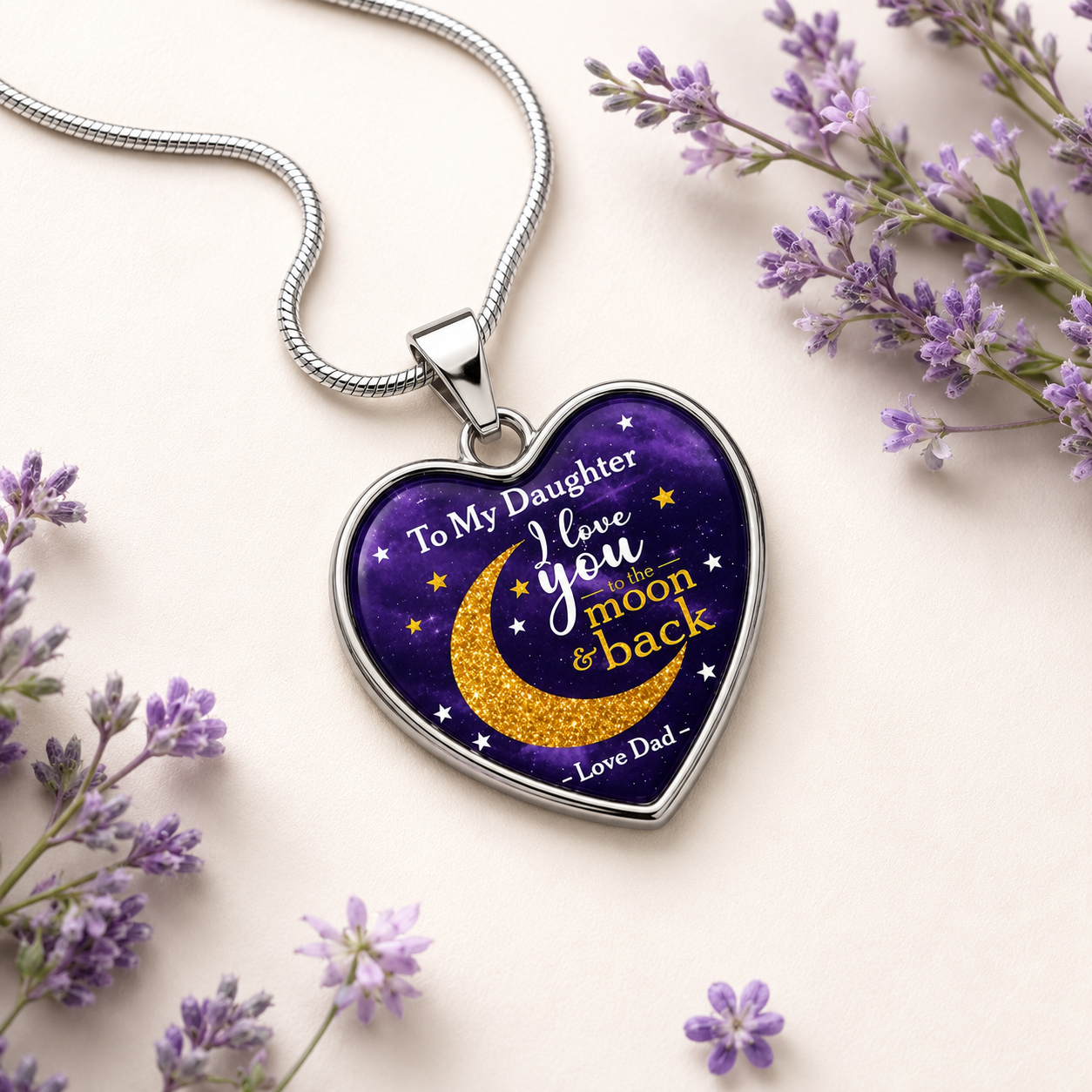 To My Daughter heart necklace featuring moon and stars message from dad.