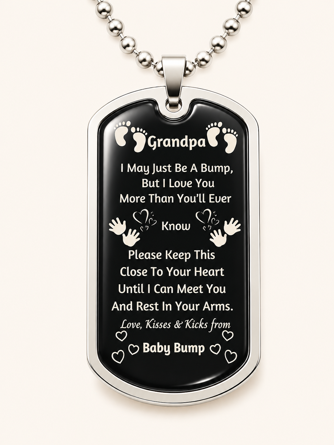 Grandma-to-be baby bump dog tag necklace with heartfelt message from baby to grandmother.