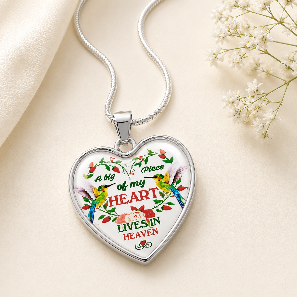 A Big Piece of My Heart Lives in Heaven Necklace – Hummingbird Memorial Pendant