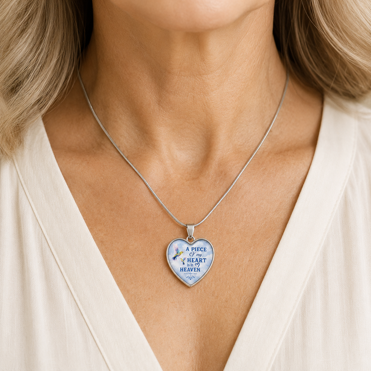 A Piece of My Heart Is in Heaven Necklace – Memorial Hummingbird Heart Pendant