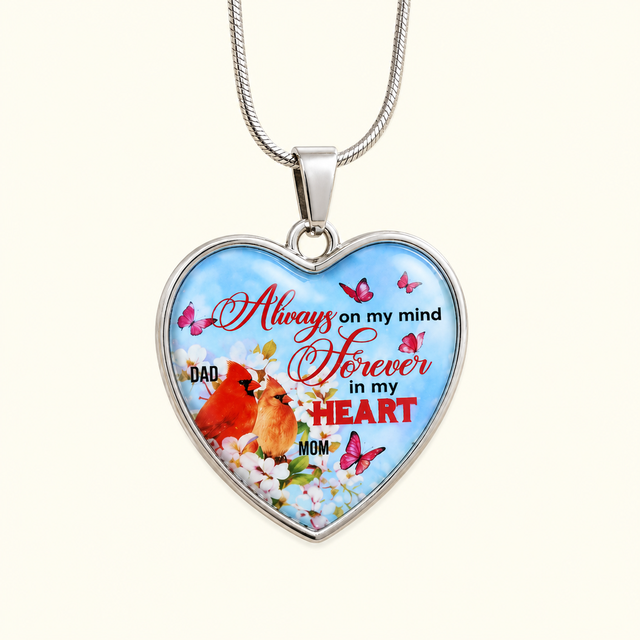 Always on My Mind Forever in My Heart Memorial Cardinal Necklace – Sympathy Gift for Loss of Mom and Dad