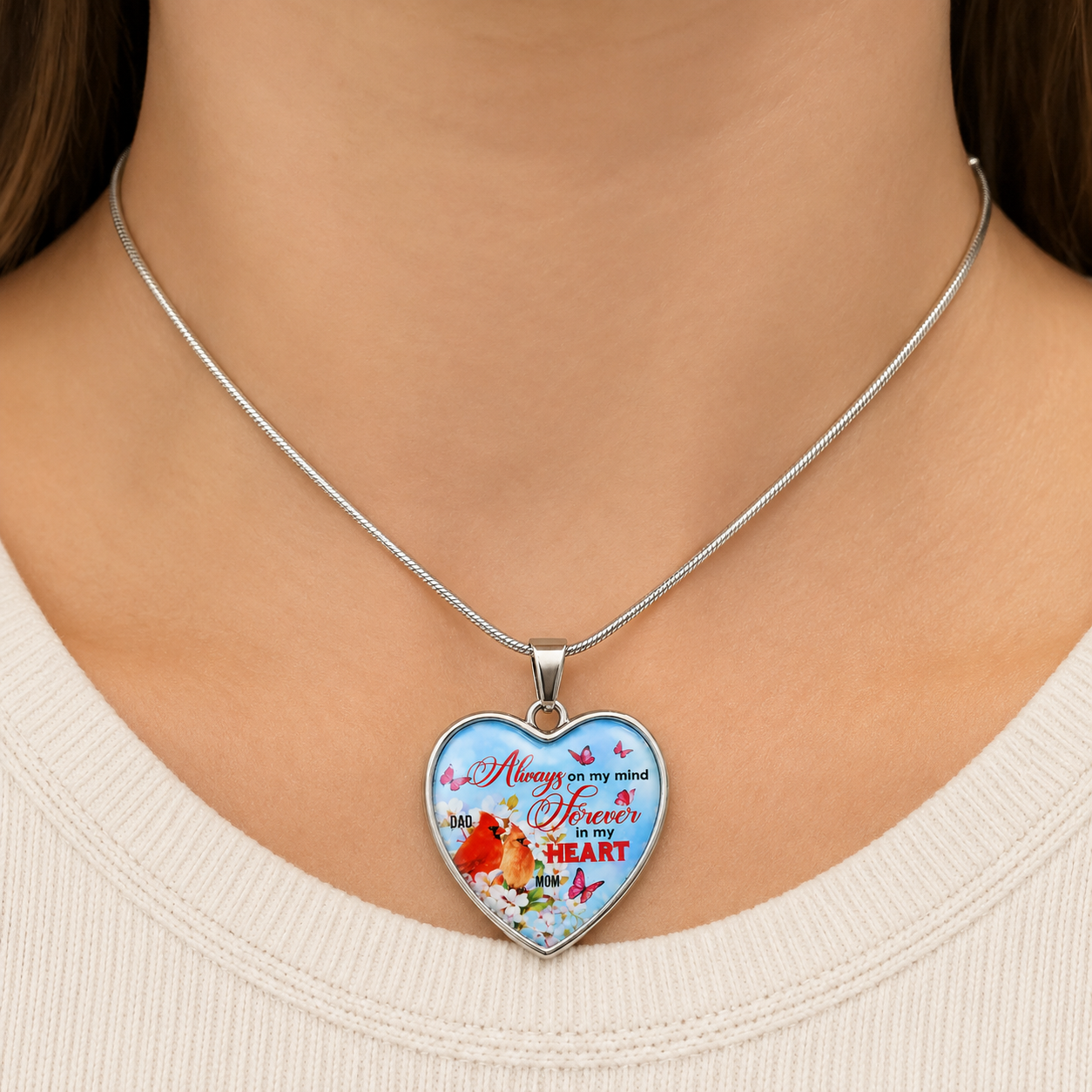 Always on My Mind Forever in My Heart Memorial Cardinal Necklace – Sympathy Gift for Loss of Mom and Dad