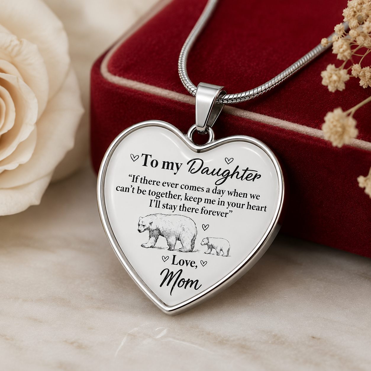 To My Daughter Heart Necklace from Mom – Polar Bear Mother & Cub Forever in My Heart Gift