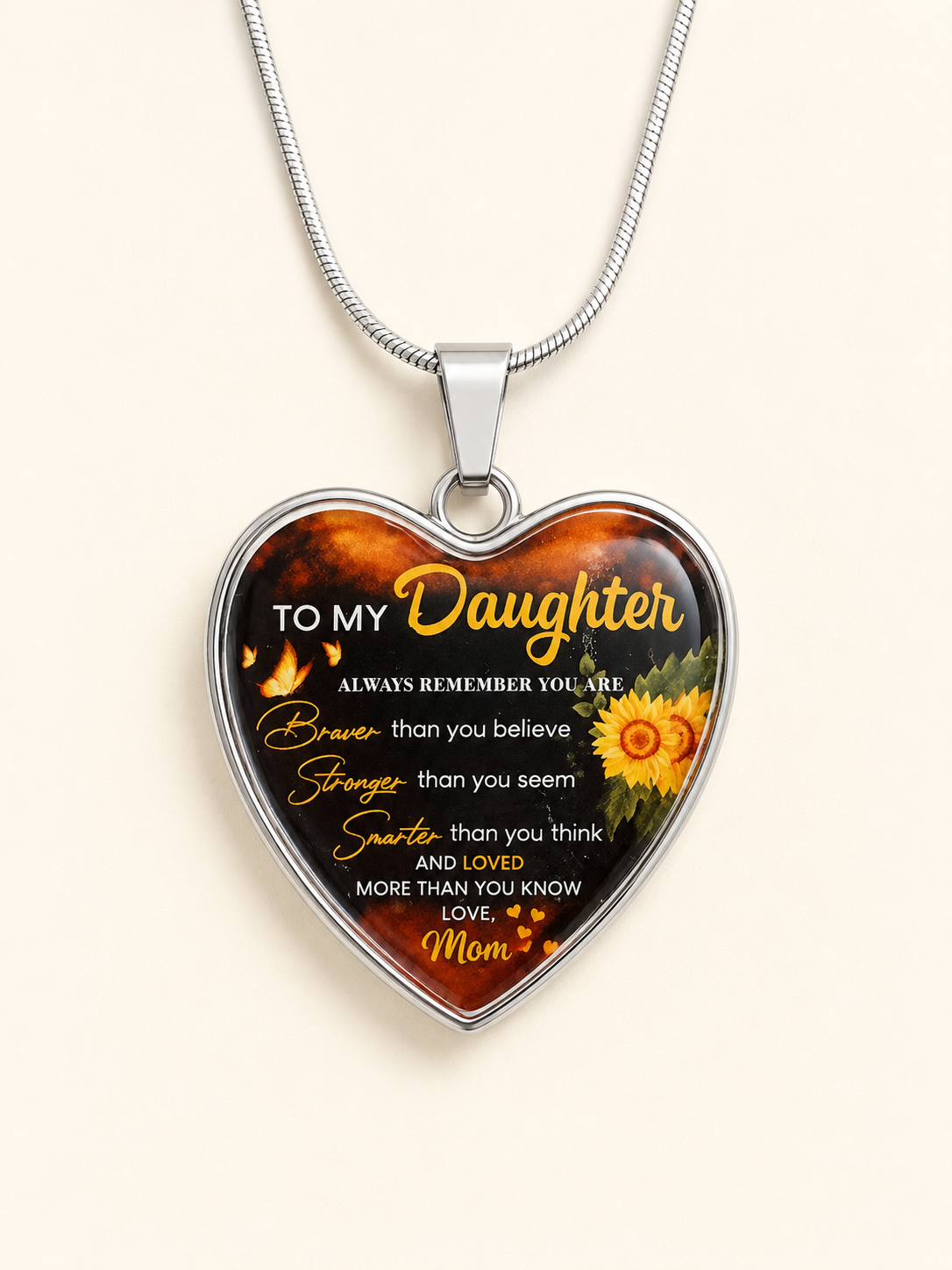 To My Daughter Sunflower Heart Necklace – Braver, Stronger, Smarter & Loved More Than You Know