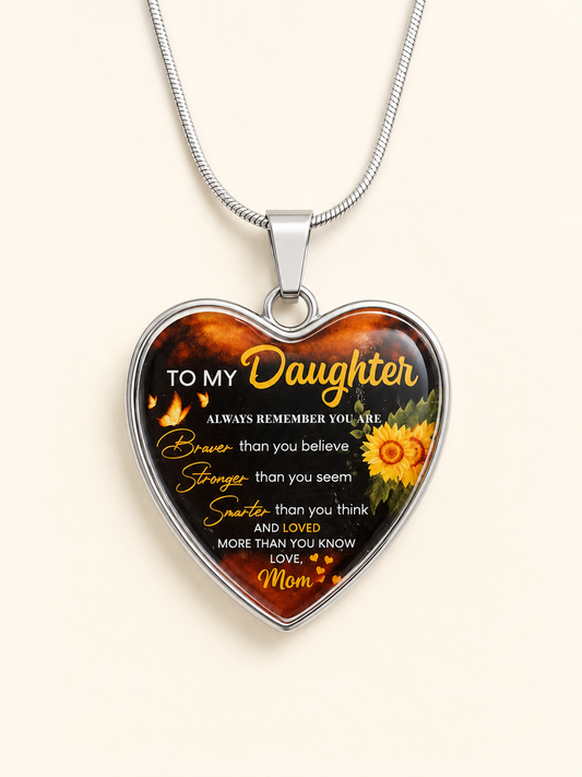 To My Daughter Sunflower Heart Necklace – Braver, Stronger, Smarter & Loved More Than You Know