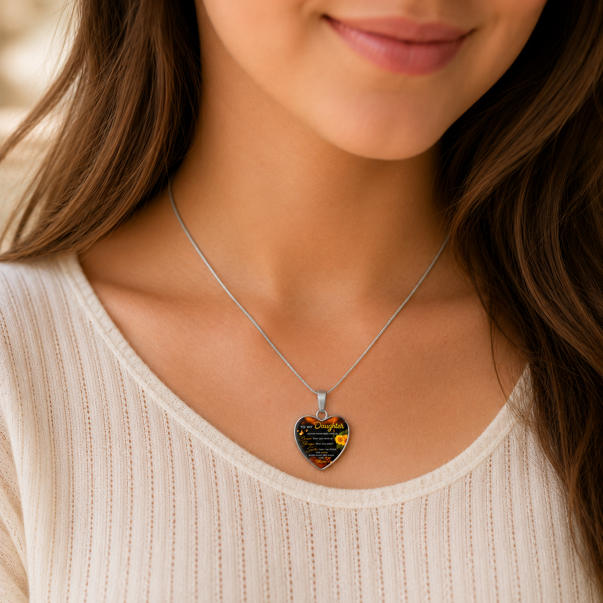 To My Daughter Sunflower Heart Necklace – Braver, Stronger, Smarter & Loved More Than You Know