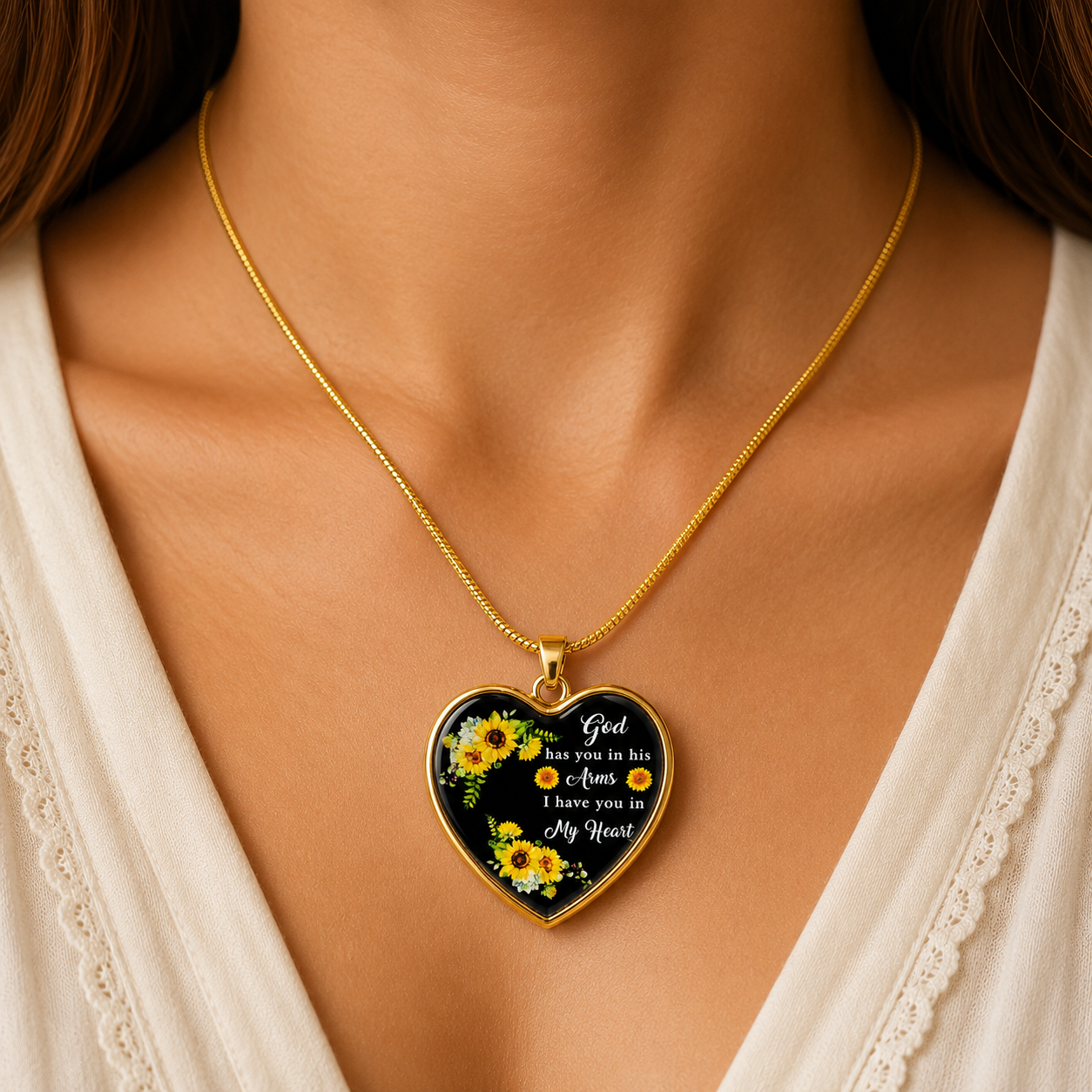 To My Loved One Memorial Heart Necklace – “God Has You In His Arms, I Have You In My Heart” Sunflower Remembrance Gift