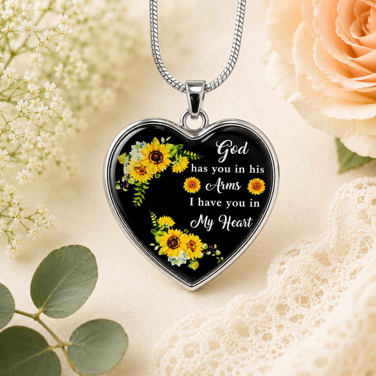 To My Loved One Memorial Heart Necklace – “God Has You In His Arms, I Have You In My Heart” Sunflower Remembrance Gift