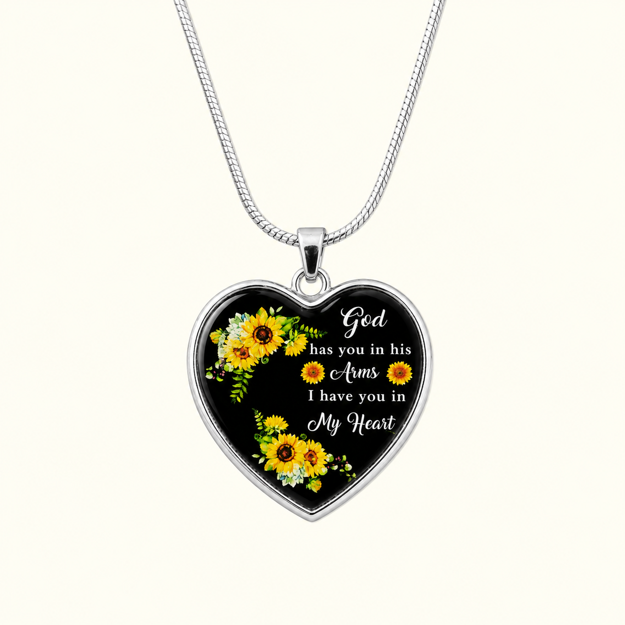 To My Loved One Memorial Heart Necklace – “God Has You In His Arms, I Have You In My Heart” Sunflower Remembrance Gift