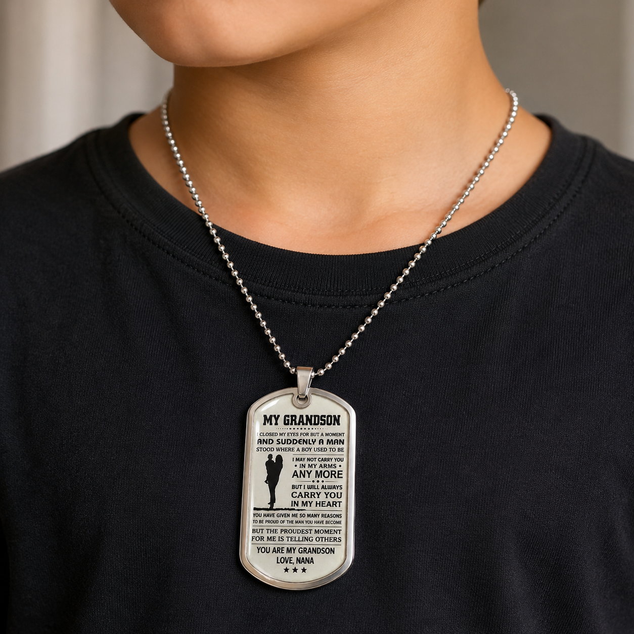 To My Grandson Necklace from Nana – Carry You in My Heart Forever Dog Tag Pendant Gift