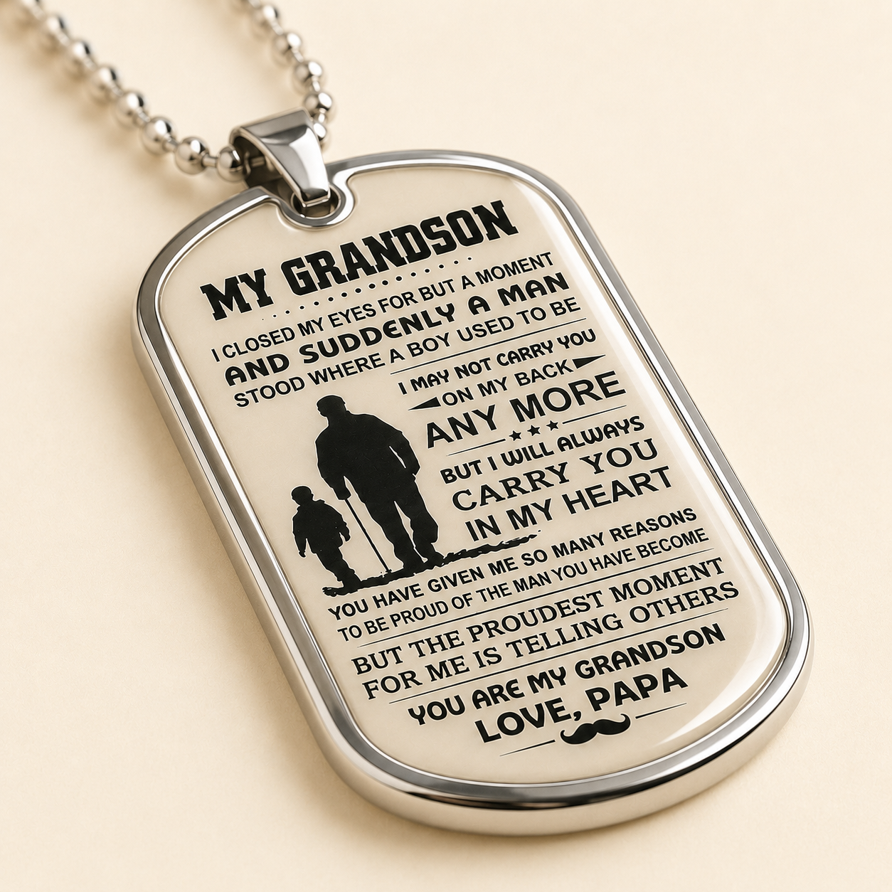 To My Grandson Necklace from Papa – Carry You in My Heart Forever Dog Tag Pendant Gift