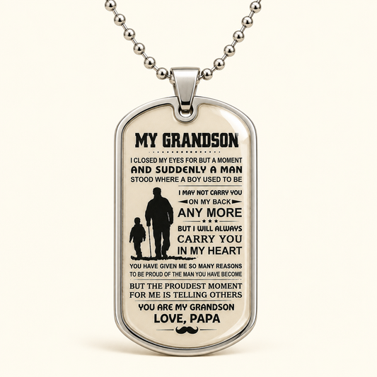 To My Grandson Necklace from Papa – Carry You in My Heart Forever Dog Tag Pendant Gift