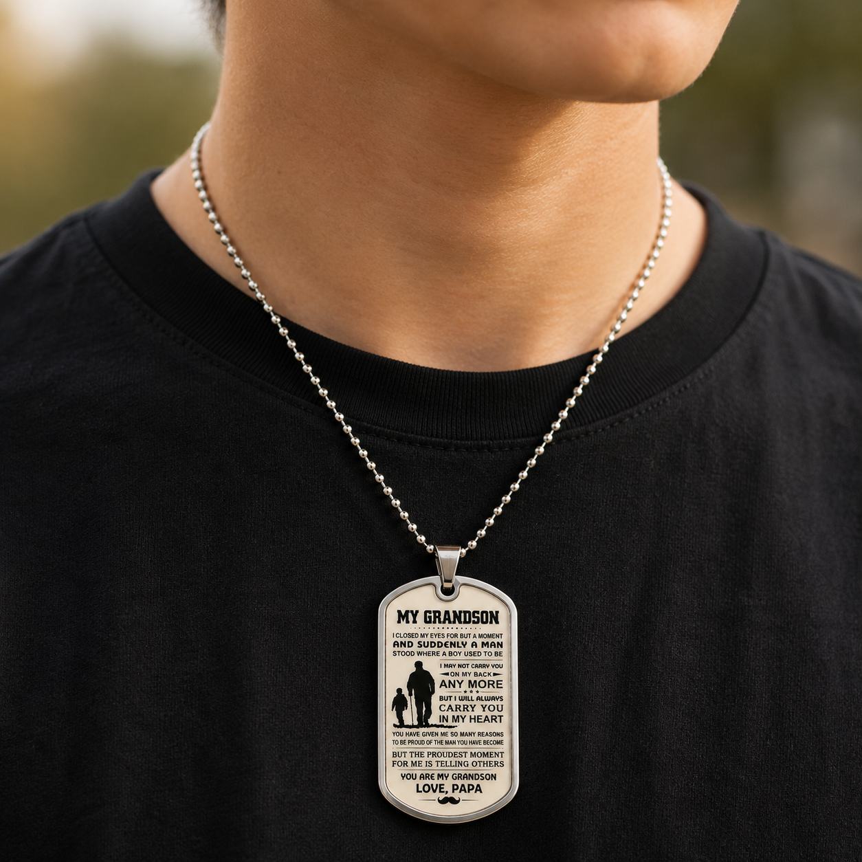 To My Grandson Necklace from Papa – Carry You in My Heart Forever Dog Tag Pendant Gift