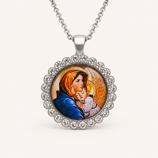 Virgin Mary and Child Necklace – Rhinestone Christian Faith Pendant