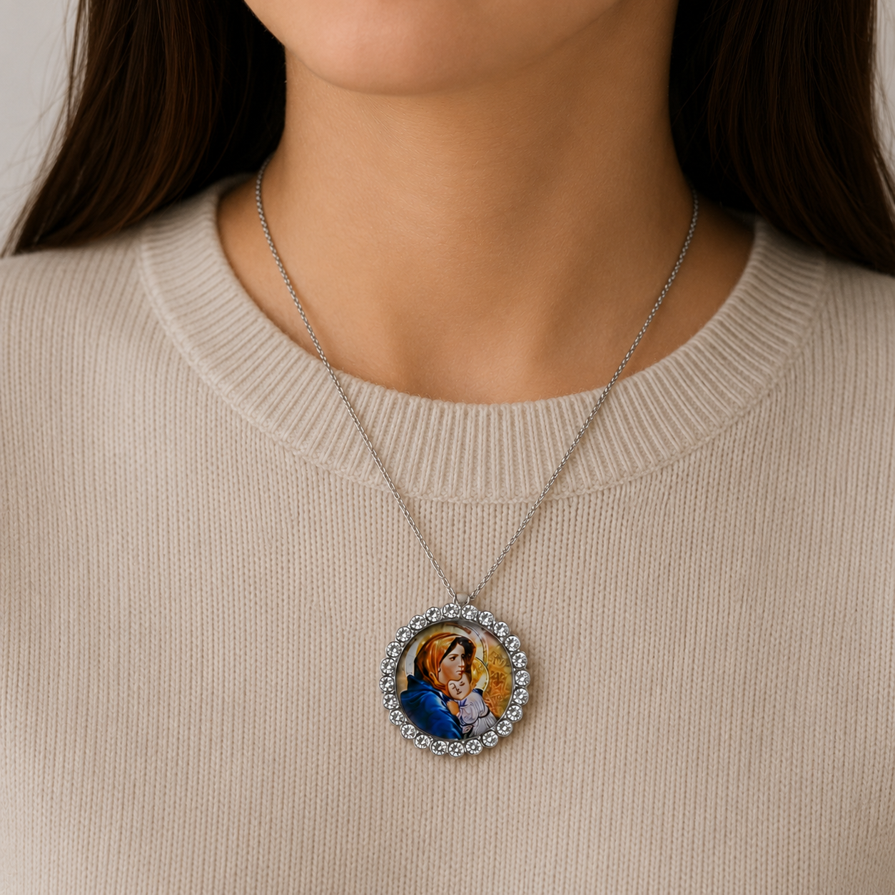 Virgin Mary and Child Necklace – Rhinestone Christian Faith Pendant