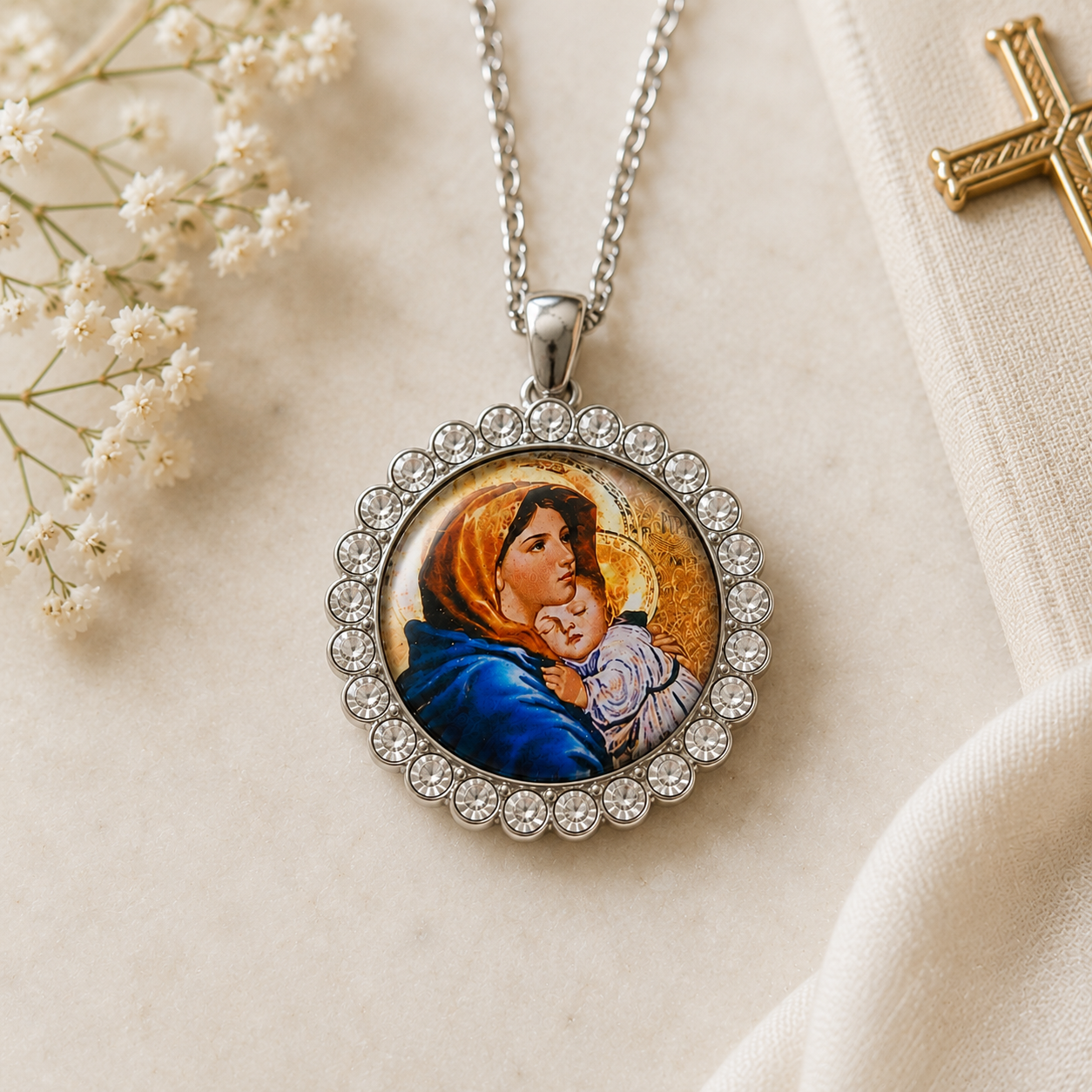 Virgin Mary and Child Necklace – Rhinestone Christian Faith Pendant