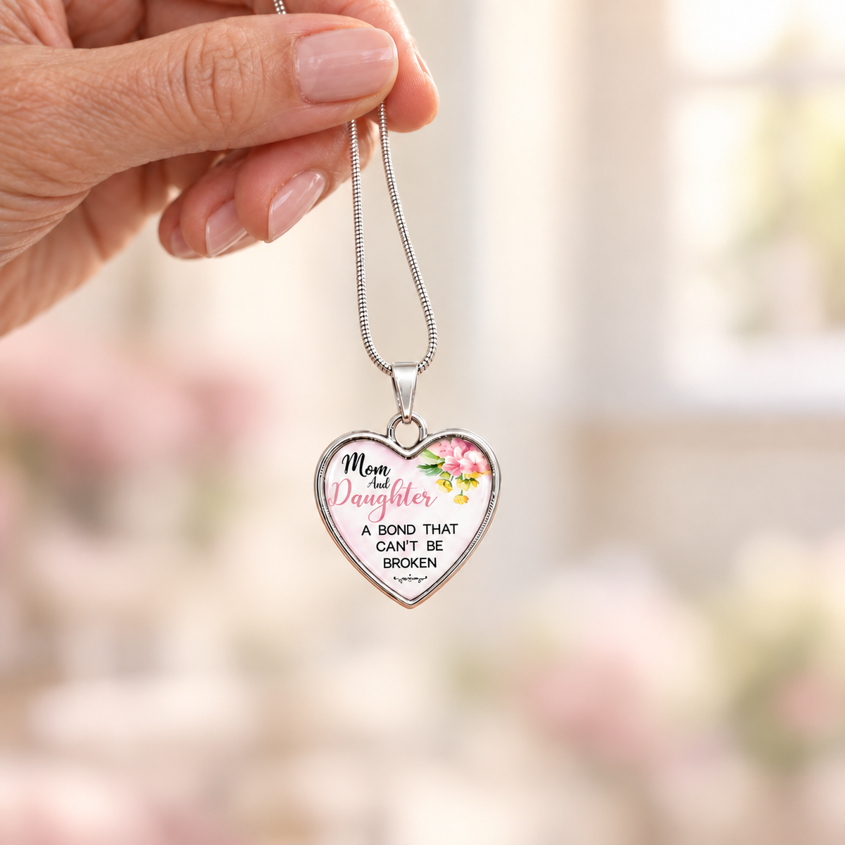Daughter presenting a small silver Mother’s Day heart necklace above her mother’s open hand against a softly blurred ivory and blush background.