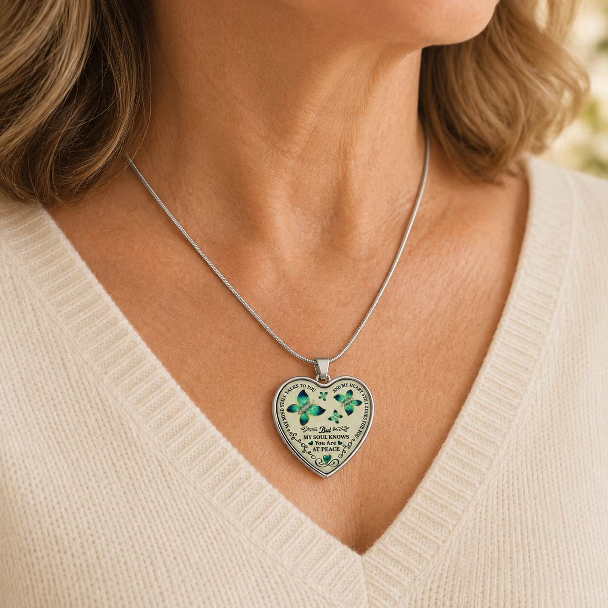 My Mind Still Talks to You Memorial Necklace – Butterfly Heart Remembrance Pendant