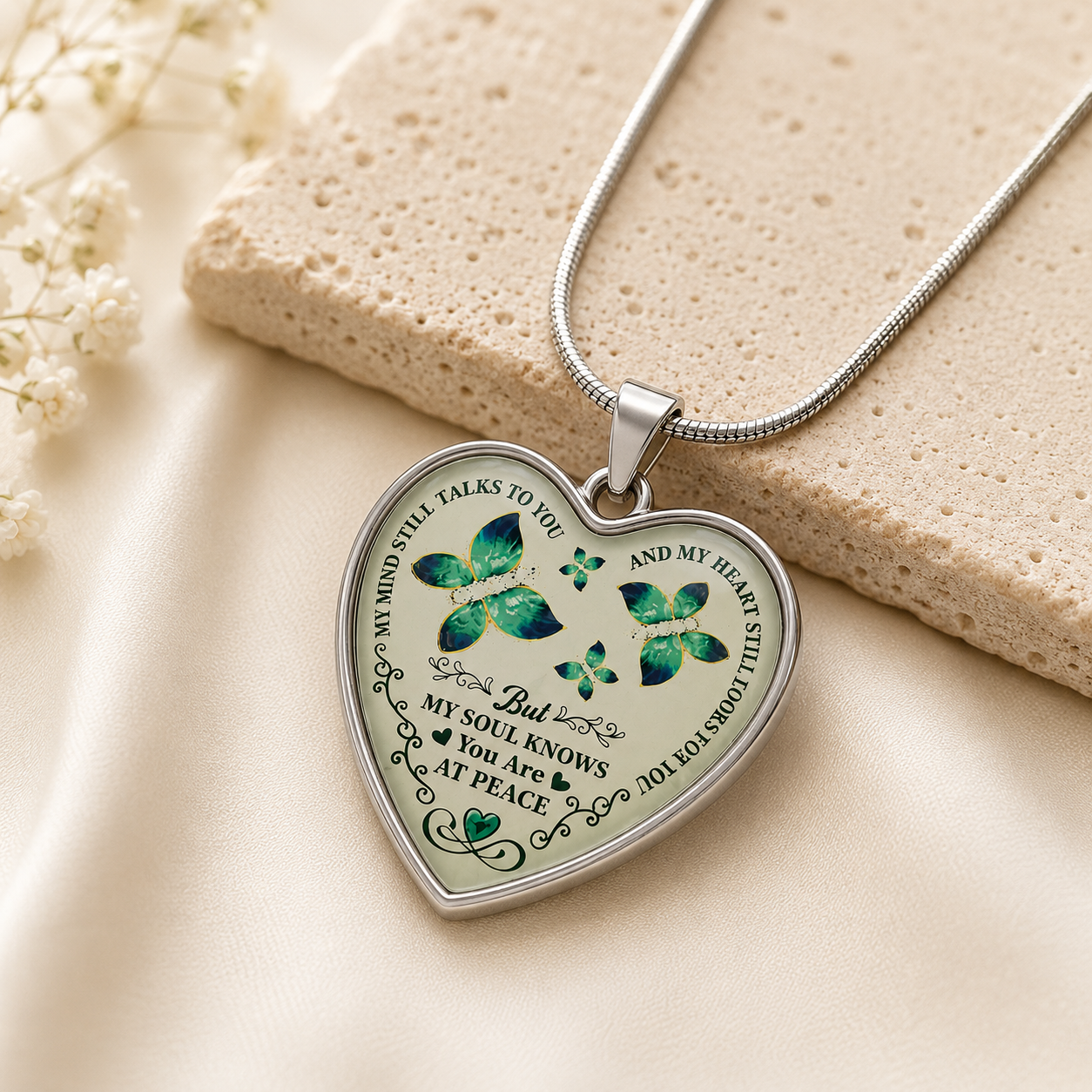 My Mind Still Talks to You Memorial Necklace – Butterfly Heart Remembrance Pendant