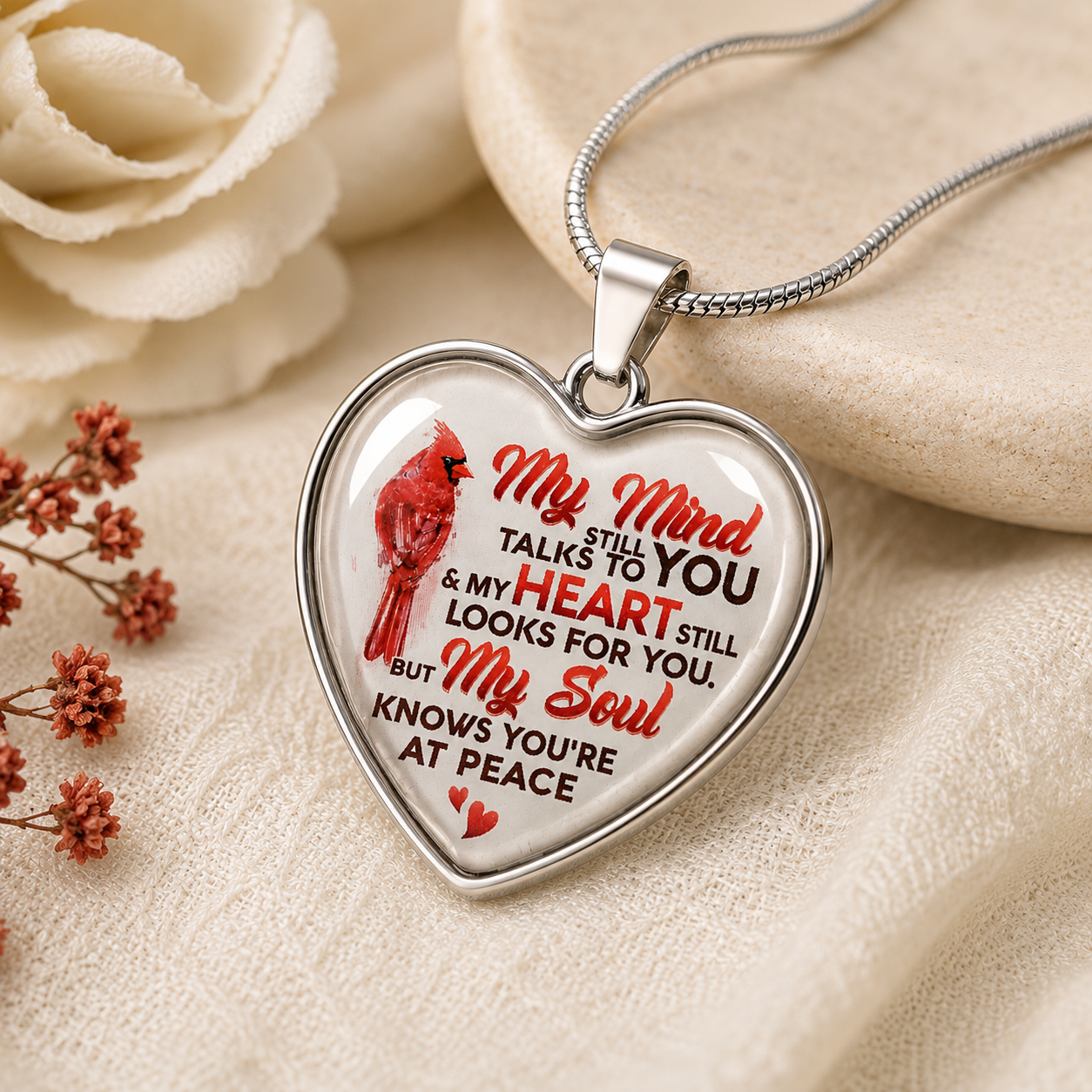 Cardinal Memorial Heart Necklace – My Mind Still Talks to You Sympathy Gift