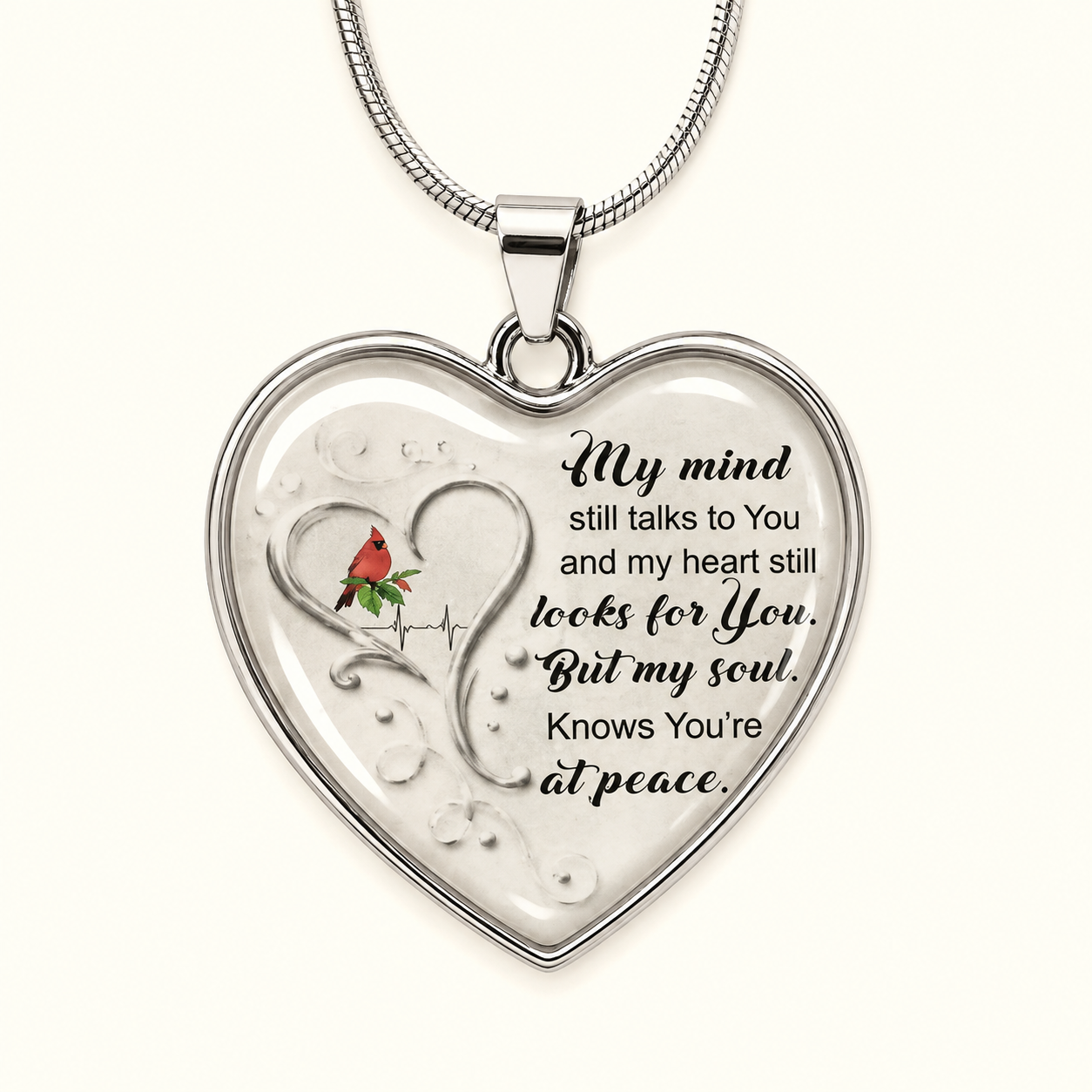 Cardinal Memorial Heart Necklace – My Mind Still Talks to You Remembrance Gift