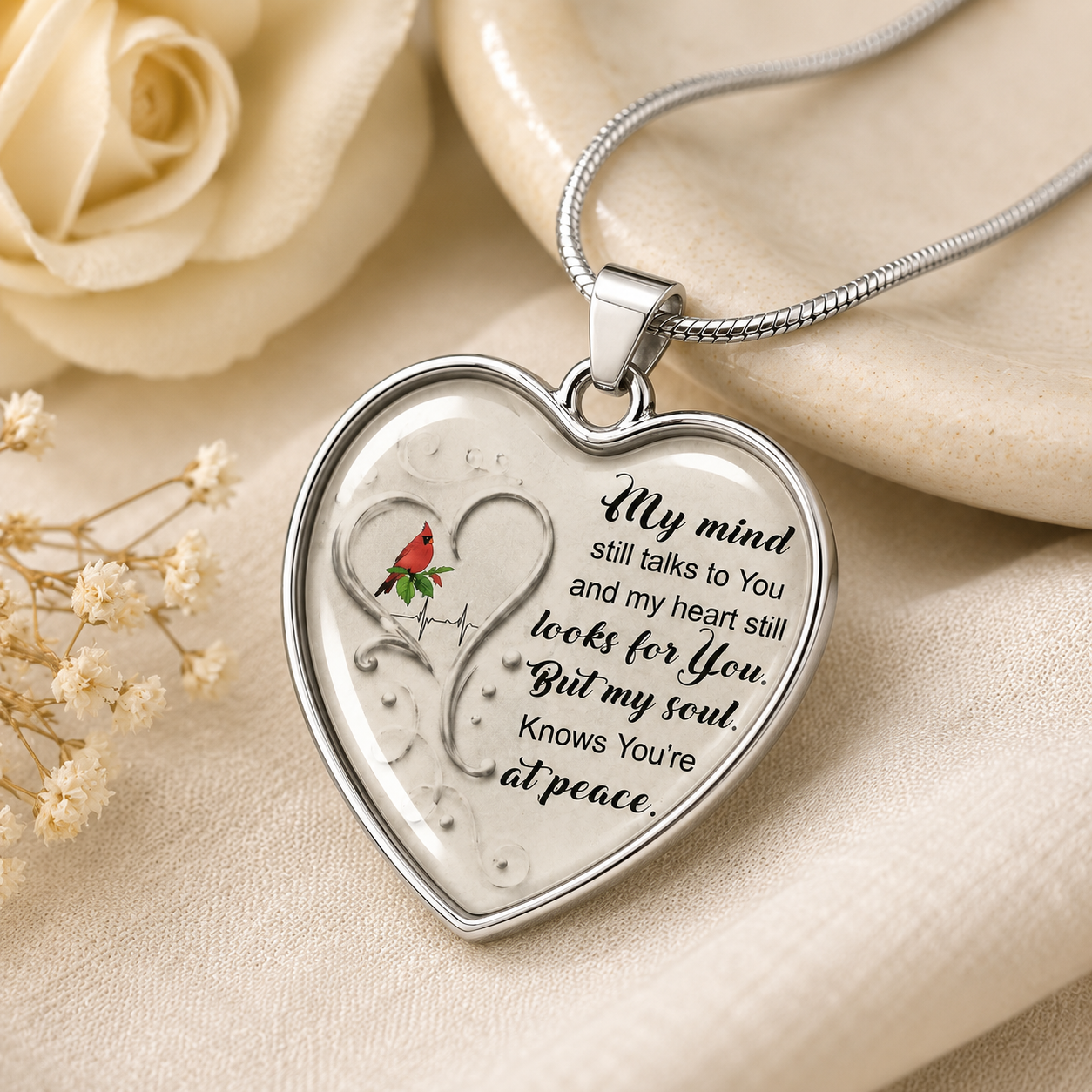 Cardinal Memorial Heart Necklace – My Mind Still Talks to You Remembrance Gift