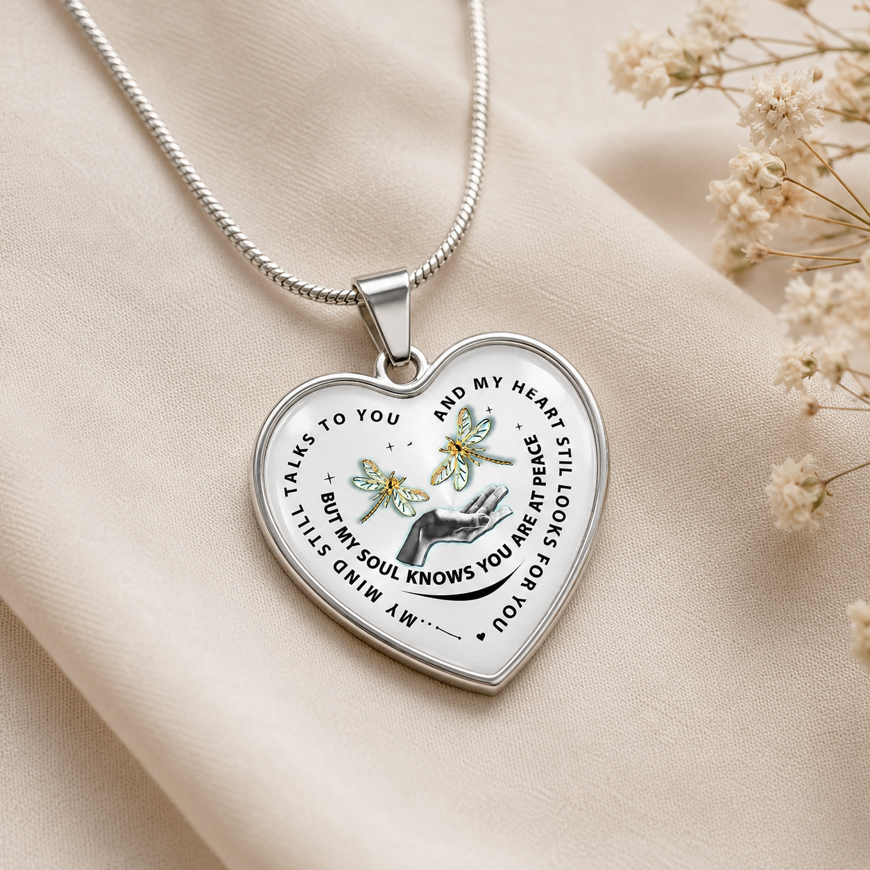 Dragonfly Memorial Heart Necklace – My Mind Still Talks to You Remembrance Gift
