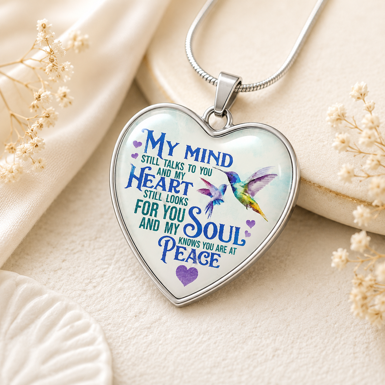 Hummingbird Memorial Heart Necklace – My Mind Still Talks to You Sympathy Gift