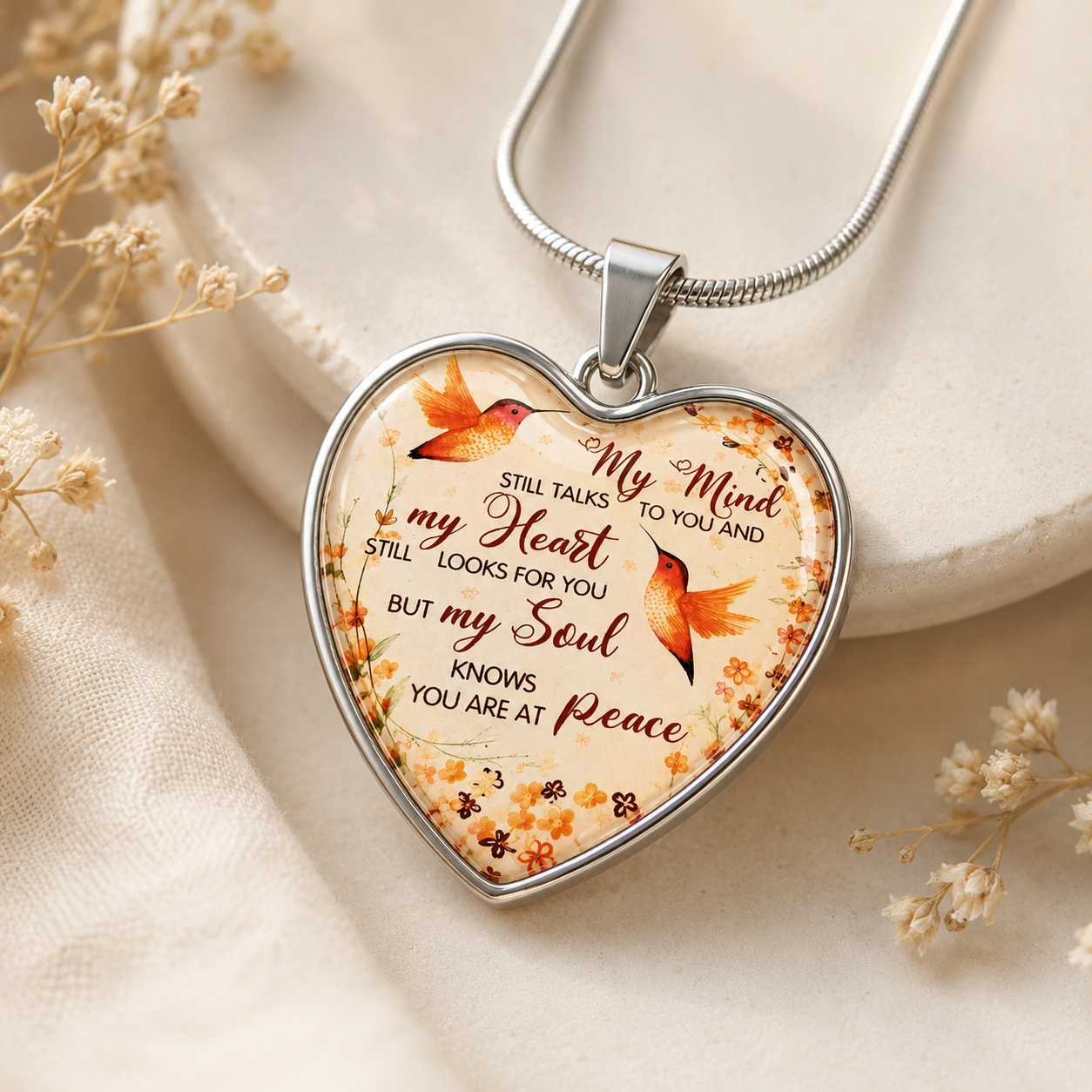 HummingBird Memorial Heart Necklace – My Mind Still Talks to You Sympathy Gift