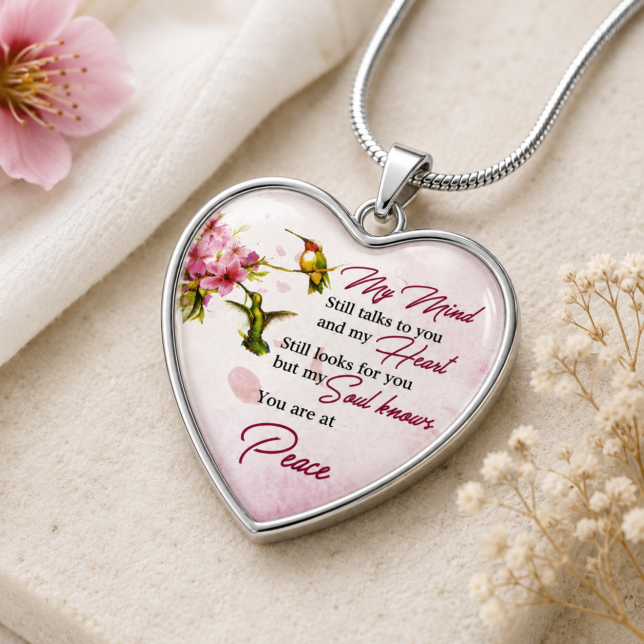 Hummingbird Memorial Heart Necklace – My Mind Still Talks to You Remembrance Gift