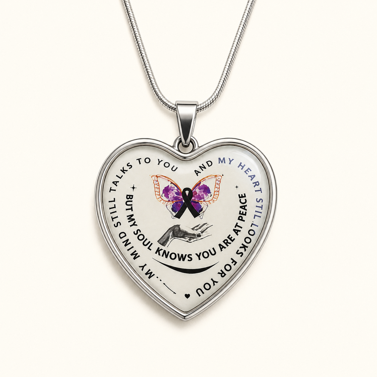 My Mind Still Talks to You Memorial Necklace – Butterfly Remembrance Heart Pendant