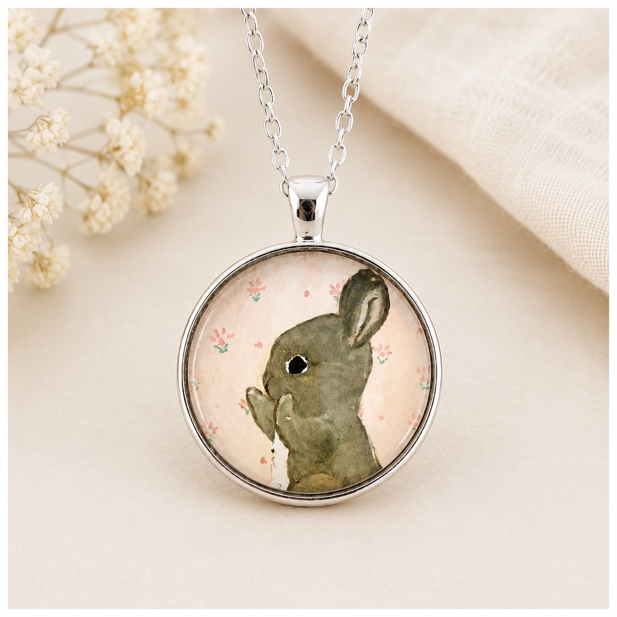 Watercolor Bunny Necklace 🐇 Woodland Rabbit Keepsake Gift
