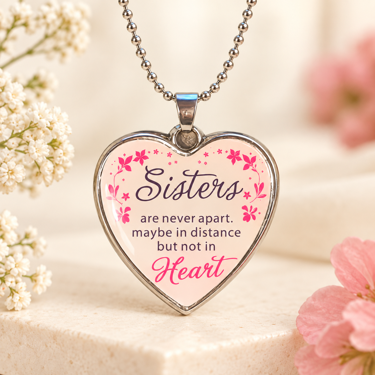 Heart-shaped pendant necklace with a silver-toned ball chain, featuring the phrase 'Sisters are never apart. maybe in distance but not in Heart' in black and pink script on a pale pink background with small pink floral accents.