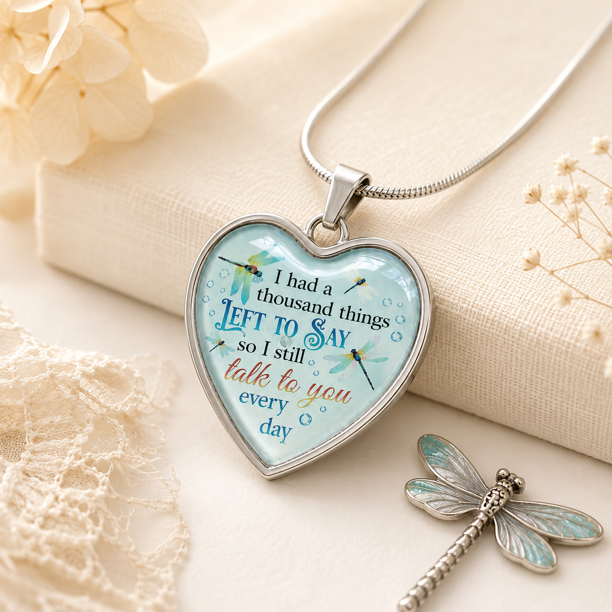 I Had a Thousand Things Left to Say Heart Necklace - Dragonfly Memorial Remembrance Gift