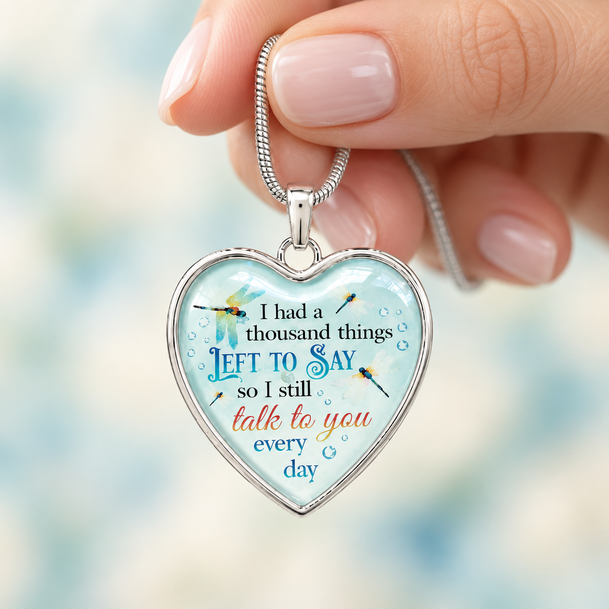 heart shaped cabochon style necklace with dragonflies and a remembrance message